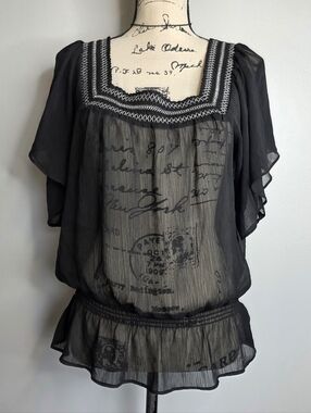 Y2k Mudd Sheer Black Embroidered Square-Neck Blouse Sz L Goth Fairy